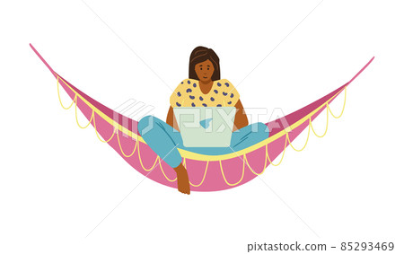 Black ethnic female sitting in hammock working or study with her laptop computer. Hispanic character freelance work. Black ethnic female sitting in hammock working or study with her laptop computer. Hispanic character freelance work. 85293469