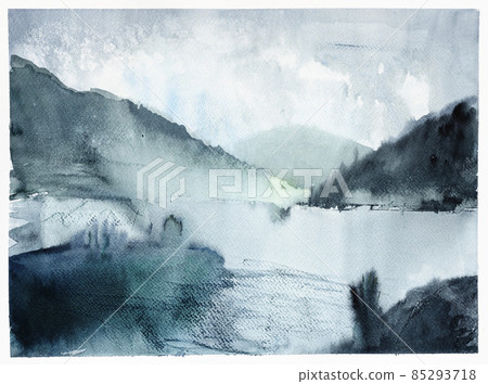 handdrawn view of fjord in Norway at summer dusk 85293718