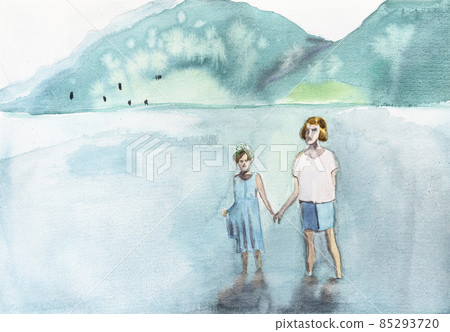 girls stand in water of mountain lake in Bavaria girls stand in water of mountain lake in Bavaria 85293720