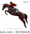 Jockey on horse. Champion. Horse riding. Equestrian sport. Jockey riding jumping horse. Poster. Sport background. Isolated Vector Illustration 85294648