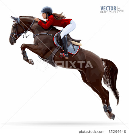 Jockey on horse. Champion. Horse riding. Equestrian sport. Jockey riding jumping horse. Poster. Sport background. Isolated Vector Illustration 85294648