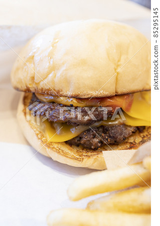 Delicious double cheeseburger and french fries Delicious double cheeseburger and french fries 85295145