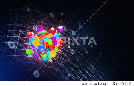 Concept of Internet and networking with digital cube figure on dark background 85295190