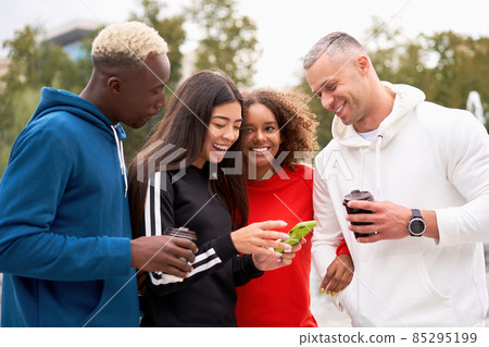 Multi-ethnic group people teenage friends. African-american, asian, caucasian student spending time together Multiracial friendship 85295199