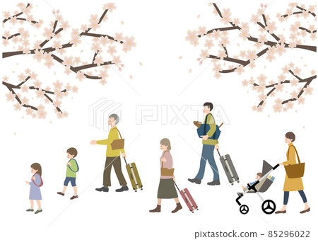 Illustration of a trip of a 3rd generation family with a pet against the background of cherry blossoms Illustration of a trip of a 3rd generation family with a pet against the background of cherry blossoms 85296022