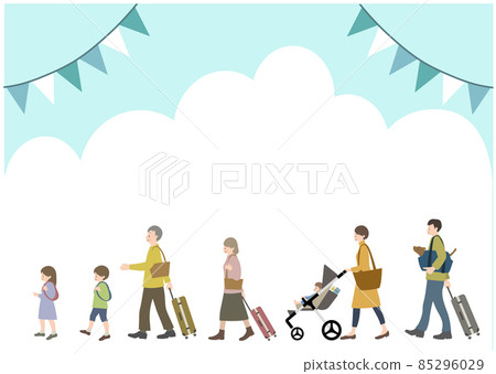 藍天和花環背景下帶寵物的第三代家庭旅行的插圖 藍天和花環背景下帶寵物的第三代家庭旅行的插圖 85296029