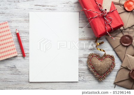 Flat lay composition with handmade fabric hearts Flat lay composition with handmade fabric hearts 85296146