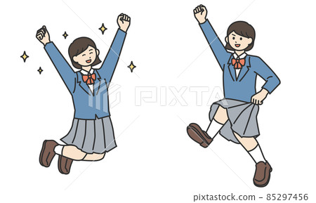 Illustration material set of jumping positive student girl 85297456