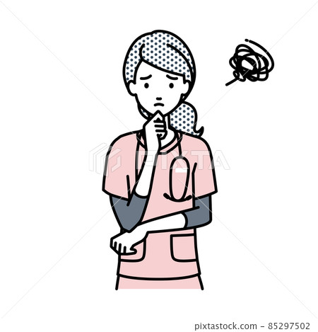 A nurse woman standing in trouble with her hand on her chin A nurse woman standing in trouble with her hand on her chin 85297502