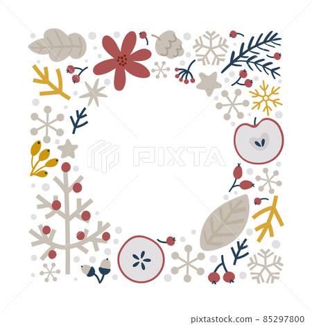 Christmas doodle hand drawn vector floral square frame with branches and snowflakes for text decoration. Cute holiday Scandinavian style illustration Christmas doodle hand drawn vector floral square frame with branches and snowflakes for text decoration. Cute holiday Scandinavian style illustration 85297800