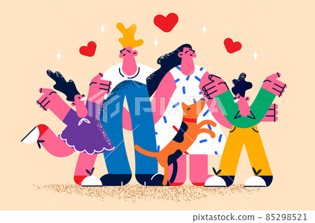 Happy family with children and dog feel overjoyed  85298521