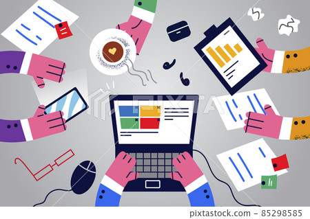 Top view of businesspeople collaborate at workplace Top view of businesspeople collaborate at workplace 85298585