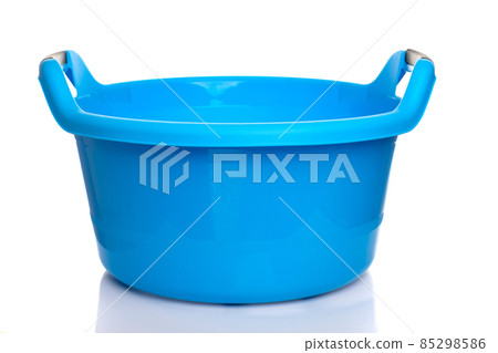 empty plastic blue basin with handles on white background empty plastic blue basin with handles on white background 85298586