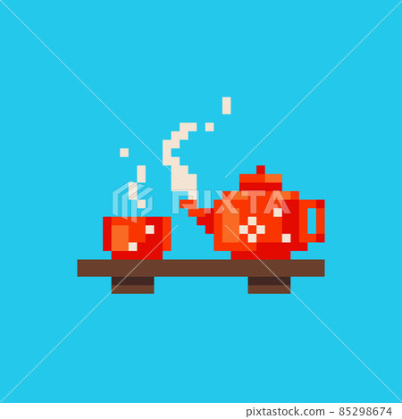 Pixel art tea ceremony icon. Vector 8 bit style illustration of pixel Chinese red teapot and cup. Isolated cute drink kettle decorative element of retro video game computer graphic. Pixel art tea ceremony icon. Vector 8 bit style illustration of pixel Chinese red teapot and cup. Isolated cute drink kettle decorative element of retro video game computer graphic. 85298674