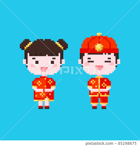 Pixel art cute boy and girl characters in lunar celebration costumes icon. Vector 8 bit style illustration of pixel Chinese new year costumes. Isolated cute element of retro video game graphic. 85298675
