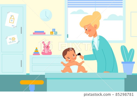 Kid pediatrician examination. Nurse examines baby ears. Doctor with little patient. Toddler at medical appointment. Infant in diaper. Children medicine and health care. Vector concept Kid pediatrician examination. Nurse examines baby ears. Doctor with little patient. Toddler at medical appointment. Infant in diaper. Children medicine and health care. Vector concept 85298781