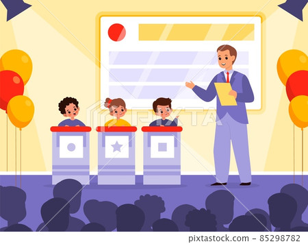 Kids quiz TV show. Intellectual game contest. Young players stand behind pulpits and answer questions of presenter in studio. Children tournament television broadcast. Vector concept 85298782