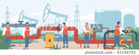 Oil gas workers. Petroleum engineers control operation of fuels pipeline. Men in uniform carry pipe fragment and regulate valves. Industrial construction. Oilman job. Vector concept 85298783