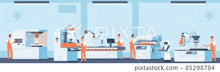 Automatic lines employees. Manufacturing process in factory interior. Worker characters. Men in uniform work on industrial machines. Plant equipment. Industry production. Vector concept 85298784