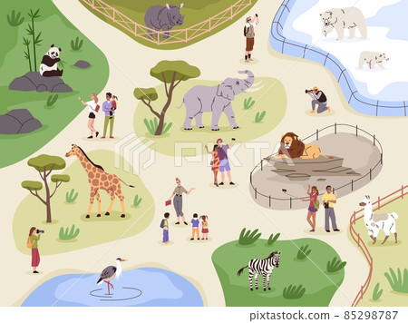 Zoo map. Animals safari park plan. Fenced enclosures with lion, llama and rhinoceros. People look at panda or giraffe. Visitors and guide on excursion. Families walk. Vector concept Zoo map. Animals safari park plan. Fenced enclosures with lion, llama and rhinoceros. People look at panda or giraffe. Visitors and guide on excursion. Families walk. Vector concept 85298787