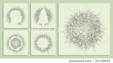 abstract round backgrounds of small hand drawn chaotic prickly lines. Random children doodles of scribbles. Isolated vector 85299945