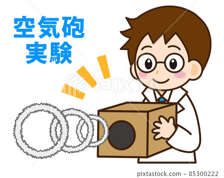 A boy with glasses in a white coat experimenting with an air cannon A boy with glasses in a white coat experimenting with an air cannon 85300222