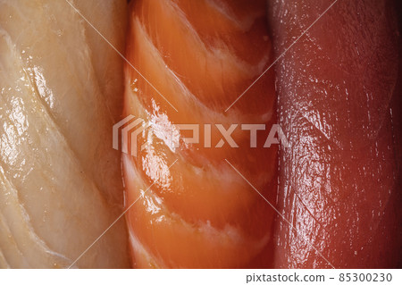 Sushi nigiri assortment with salmon, tuna and butterfish macro close up full frame Sushi nigiri assortment with salmon, tuna and butterfish macro close up full frame 85300230