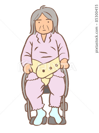 癡呆症：被輪椅帶壓住的老年婦女 85300455