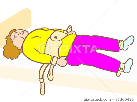 Bipolar disorder: A woman whose trunk and upper limbs are restrained on the bed 85300456