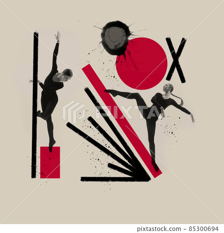 Retro artwork. Creative design. Two young woman, ballet dancers training isolated over gray background with geometric drawn figures 85300694