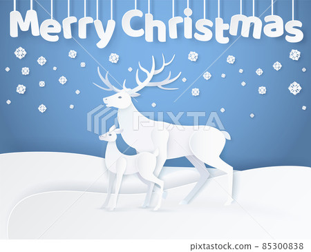 White Merry Christmas Card, Deer and Fawn Vector 85300838