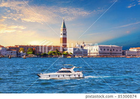 Venice Lagoon with a boat and famous places of interest, Italy Venice Lagoon with a boat and famous places of interest, Italy 85300874