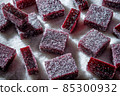 Raspberries and currant pate de fruit. Jelly, marmalade, fruit candy, covered with sugar. 85300932