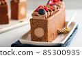 Chocolate cake with chocolate cream decoration and berries. Gourmet cake. 85300935