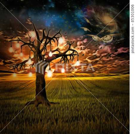 Bulb tree of ideas with surreal space background. 3D rendering Bulb tree of ideas with surreal space background. 3D rendering 85301006