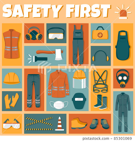 Protective Uniforms Equipment Flat Icons Set . Vector infographic 85301069