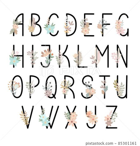 Letters of alphabet uppercase decorated with flowers, floral monogram vector illustration in simple boho style, flat pastel colored decorative lettering Letters of alphabet uppercase decorated with flowers, floral monogram vector illustration in simple boho style, flat pastel colored decorative lettering 85301161