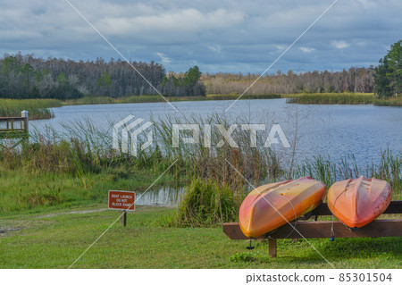Kayaks at the boat launch on Mac Lake, Colt Creek State Park, Lakeland, Polk County, Florida 85301504