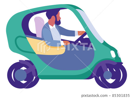 Man driving green mini car. Electric eco transport 85301835