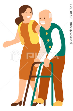 Young woman helping old man with walking aid. Volunteer supporting senior Young woman helping old man with walking aid. Volunteer supporting senior 85301844
