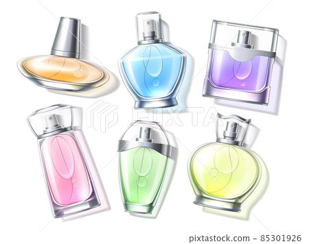 Realistic perfume top view. 3d aroma glass vials with color toilet waters, fragrance bottles lying, air bubbles in flacon. Fashion packaging various shapes. Vector isolated concept Realistic perfume top view. 3d aroma glass vials with color toilet waters, fragrance bottles lying, air bubbles in flacon. Fashion packaging various shapes. Vector isolated concept 85301926
