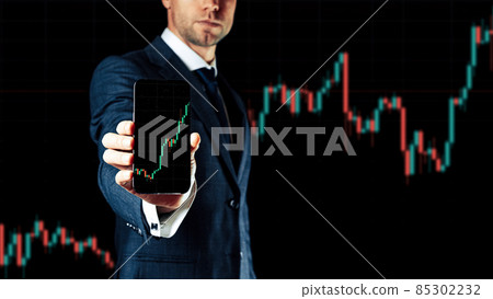 Sell and buy. Investment business technology app on digital screen in businessman hands. Finance application for sell, buy and analysis profit dividend statistics. Candlestick chart banner. 85302232