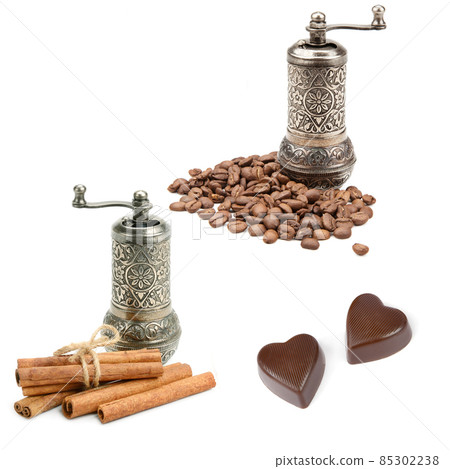 Coffee grinder, coffee beans and cinnamon sticks isolated on white. Collage. Free space for text. Coffee grinder, coffee beans and cinnamon sticks isolated on white. Collage. Free space for text. 85302238