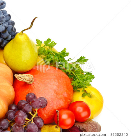 Vegetables and fruits isolated on a white background. Free space for text. Vegetables and fruits isolated on a white background. Free space for text. 85302240