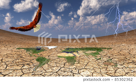 Eagle in flight. World map on arid land. 3D rendering 85302362