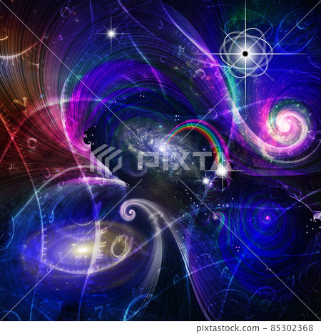 Surrealism. Spirals of time, rays of light and black hole in space. 3D rendering 85302368