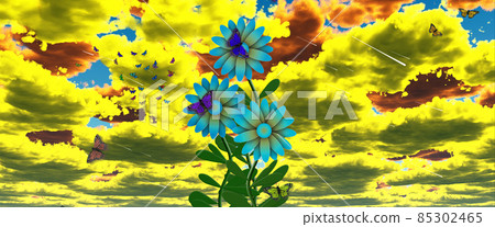 Blue flowers and surreal sky. 3D rendering Blue flowers and surreal sky. 3D rendering 85302465