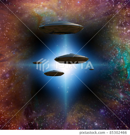 Starship flies through stargate. 3D rendering Starship flies through stargate. 3D rendering 85302466