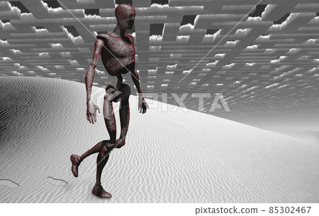Alien robot in surreal white desert. 3D rendering Alien robot in surreal white desert. 3D rendering 85302467