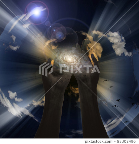 Hands reveal Galaxy. 3D rendering Hands reveal Galaxy. 3D rendering 85302496